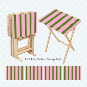 May include: A set of four folding tables with a storage rack. The tables have a pink and green striped pattern on the tabletop. The legs are made of natural wood. The text on the image reads: 4 x Folding Tables + Storage Rack.