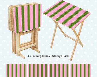 4 x Folding Tray Tables with Storage Rack - Dopamine Decor Pink Green Stripes