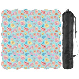 May include: A beach blanket with a wavy edge, patterned with colourful seashells on a light blue background. A black carrying bag with a shoulder strap is included for easy transport.