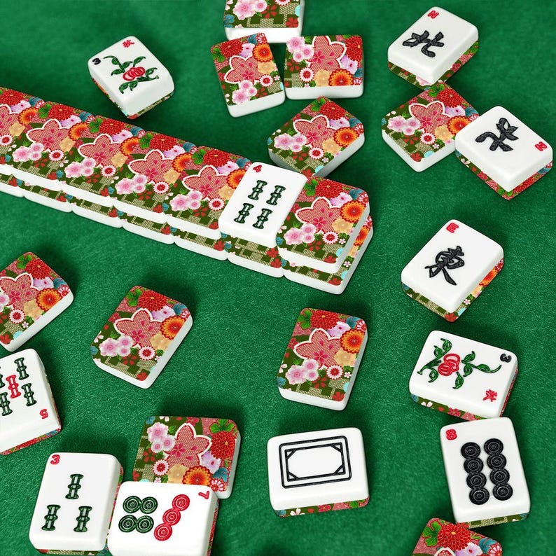 Amerikanska Mahjongplattor Japanska Blommiga Krysantemummönster Röd Grön Vit bild 3