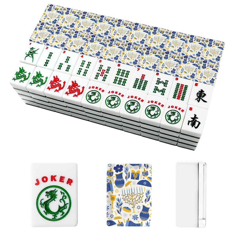 Amerikanische Mahjong Fliesen Set Happy Hanukkah Muster Blau Gelb Weiß Bild 4