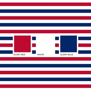 May include: A repeating pattern of horizontal stripes in red, white, and blue. Two solid squares are centered, one red labeled GLORY RED and one blue labeled GLORY BLUE, with the word WHITE positioned between them, all against the striped background.
