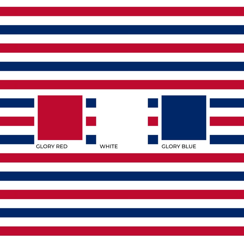 May include: A repeating pattern of horizontal stripes in red, white, and blue. Two solid squares are centered, one red labeled GLORY RED and one blue labeled GLORY BLUE, with the word WHITE positioned between them, all against the striped background.