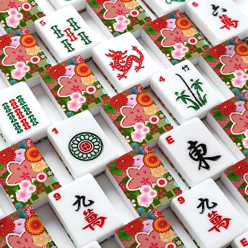 Amerikanska Mahjongplattor Japanska Blommiga Krysantemummönster Röd Grön Vit bild 2
