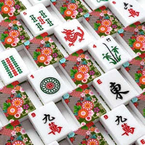 American Mahjong Tile Set Japanese Floral Chrysanthemum Pattern Red Green White image 2