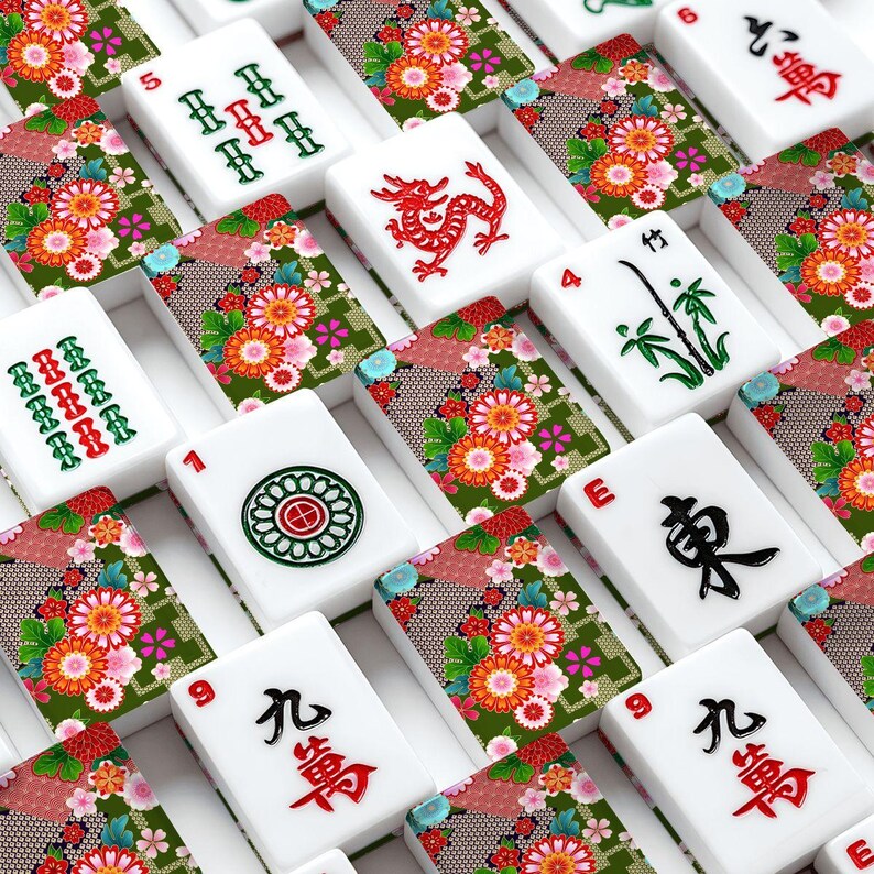 American Mahjong Tile Set Japanese Floral Chrysanthemum Pattern Red Green White image 2