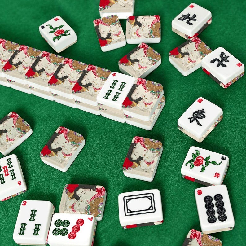 American Mahjong Tiles Set Japanese Ukiyo-e Woman & Cat by Yoshitoshi 1888 image 3