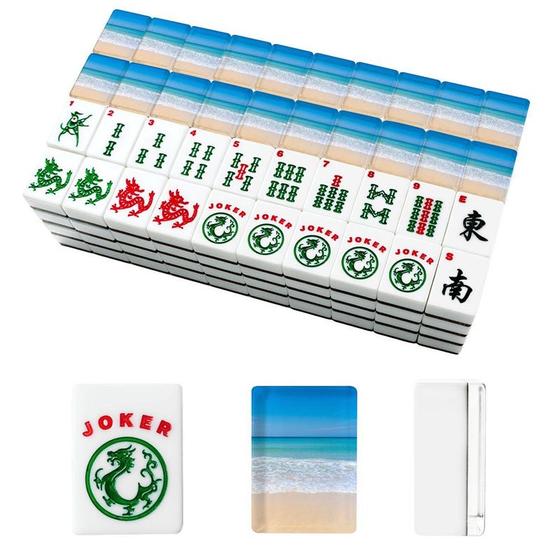American Mahjong Tiles Set Coastal Ocean Waves on Beach Warm Blue Beige White image 4