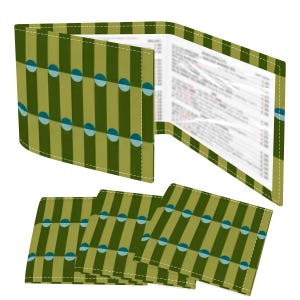 Peut inclure: Un portefeuille vert et olive et des dessous de verre assortis. Le portefeuille est ouvert, révélant un menu. Le motif présente des rayures verticales avec des demi-cercles bleus. Les dessous de verre ont le même motif.