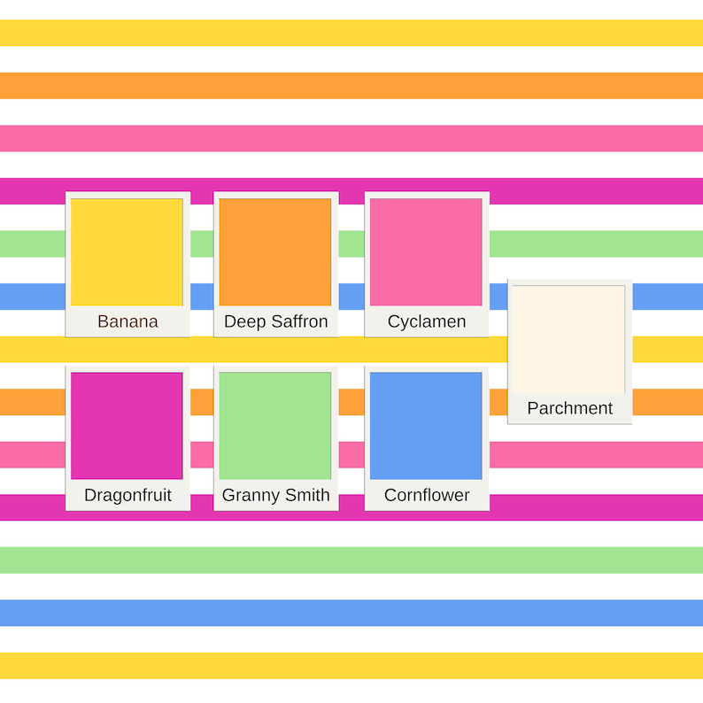 May include: A color palette chart featuring seven square and rectangular swatches labeled Banana, Deep Saffron, Cyclamen, Parchment, Dragonfruit, Granny Smith, and Cornflower, set against a background of horizontal stripes in yellow, orange, pink, green, and blue.