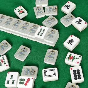 American Mahjong Tiles Set - Chinese Dragon Dark Blue Mustard Yellow Pastel Gray image 5