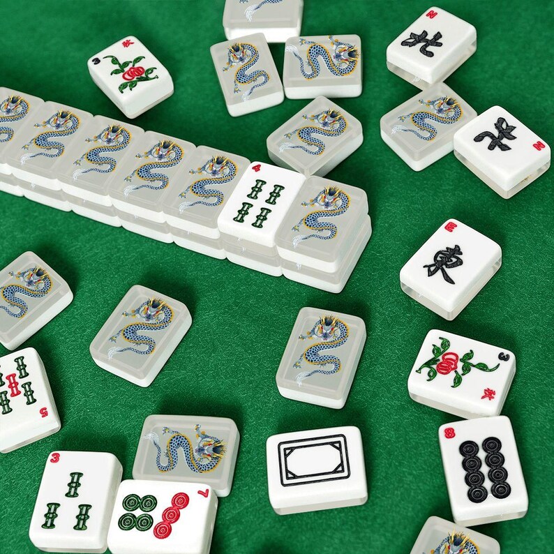 American Mahjong Tiles Set - Chinese Dragon Dark Blue Mustard Yellow Pastel Gray image 5