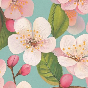 May include: A seamless pattern featuring white and pink cherry blossoms with yellow stamens, green leaves, and pink buds against a light blue background. The floral design is detailed and artistic, evoking a sense of spring and nature.