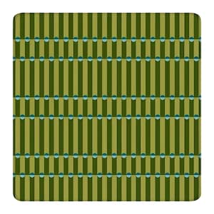 May include: A square mat featuring a repeating geometric pattern of vertical olive green and light green stripes. The stripes are intersected by horizontal rows of small, alternating teal and light blue circles, creating a structured grid design.