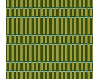 May include: A square mat featuring a repeating geometric pattern of vertical olive green and light green stripes. The stripes are intersected by horizontal rows of small, alternating teal and light blue circles, creating a structured grid design.