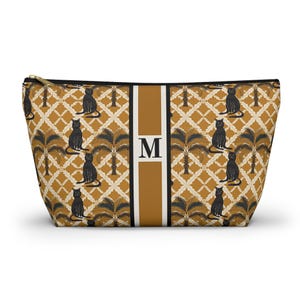 Monogrammed Initial Mahjong Tile Storage Pouch - Exotic Black Cat Print Mustard