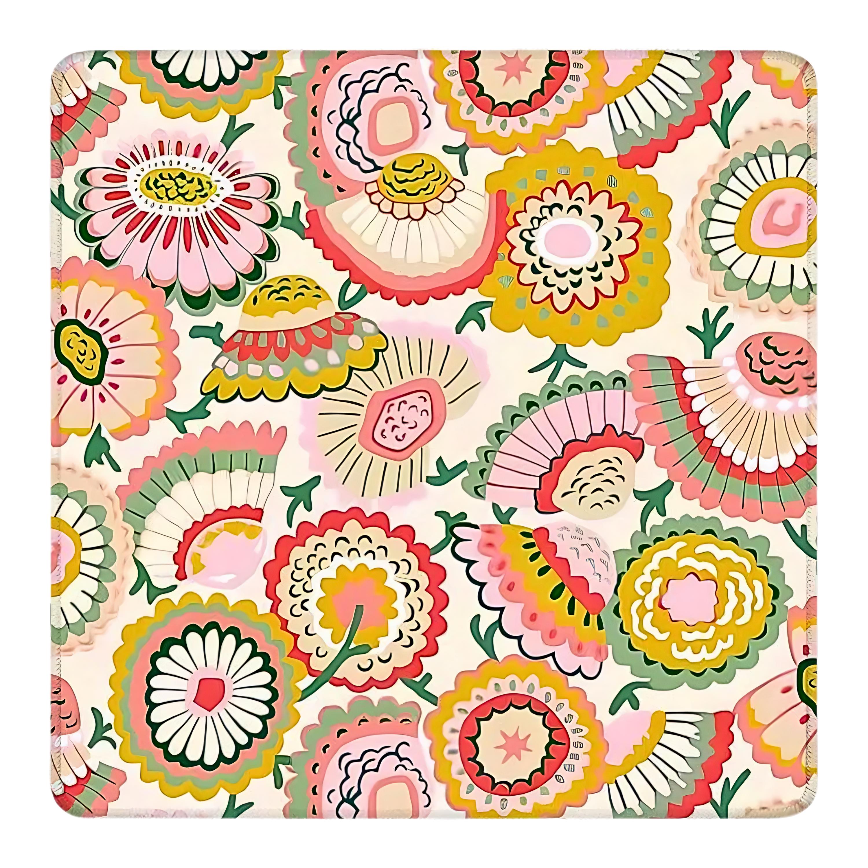 Mahjong Mat Colorful Retro Whimsy Floral Mustard Yellow Sage Green