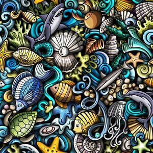May include: A vibrant, cartoon-style illustration featuring a variety of marine life. The image includes a shark, fish, starfish, shells, and a dolphin, all set against a backdrop of swirling blue and green water. The artwork is detailed and colorful.