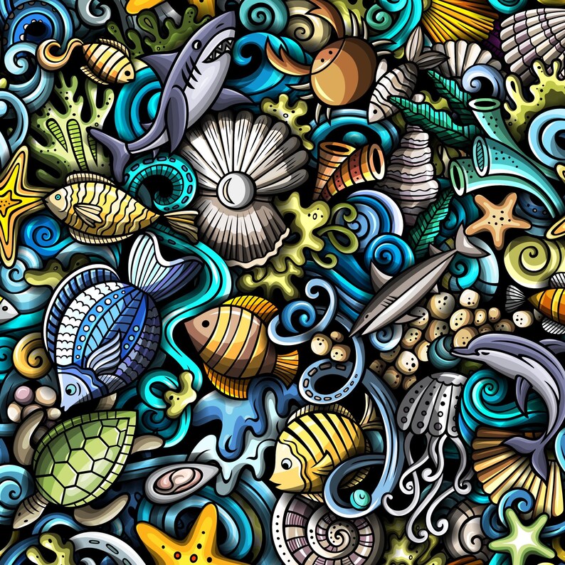 May include: A vibrant, cartoon-style illustration featuring a variety of marine life. The image includes a shark, fish, starfish, shells, and a dolphin, all set against a backdrop of swirling blue and green water. The artwork is detailed and colorful.