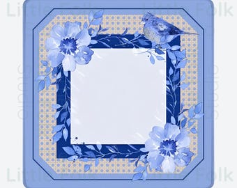 Mahjong Mat Cornflower Blue Navy Bird Floral Frame with Flax Basket Weave Print - 31.5" Scalloped or Square Edge