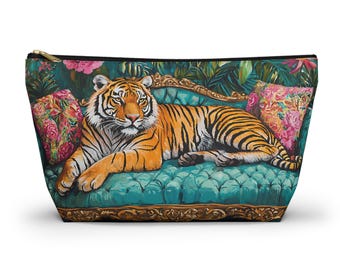 Bolsa de almacenamiento para fichas de mahjong, diseño de tigre caprichoso, azul turquesa, rosa fucsia.