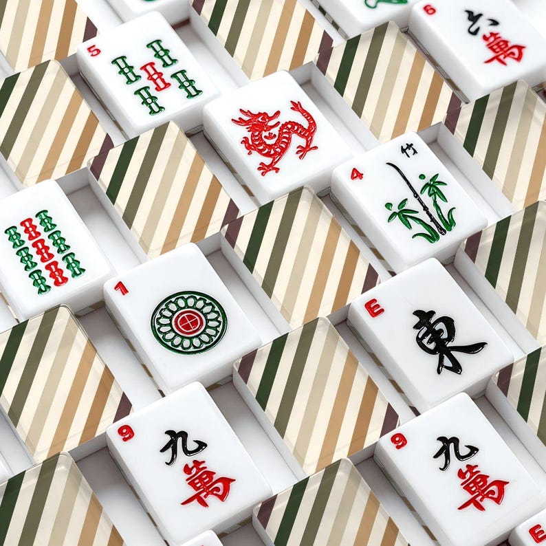 Amerikaanse mahjongtegelset winterbos streeppatroon bruin kakigroen crème afbeelding 2