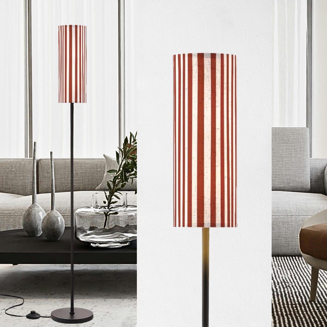 Narrow Floor Lamp With Fabric Lampshade - Dark Peppery Red & White ...