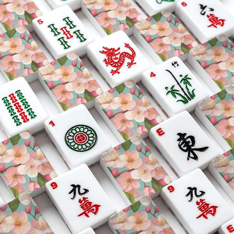American Mahjong Tiles Set Sakura Cherry Blossoms Pattern Pink & Teal Blue image 1
