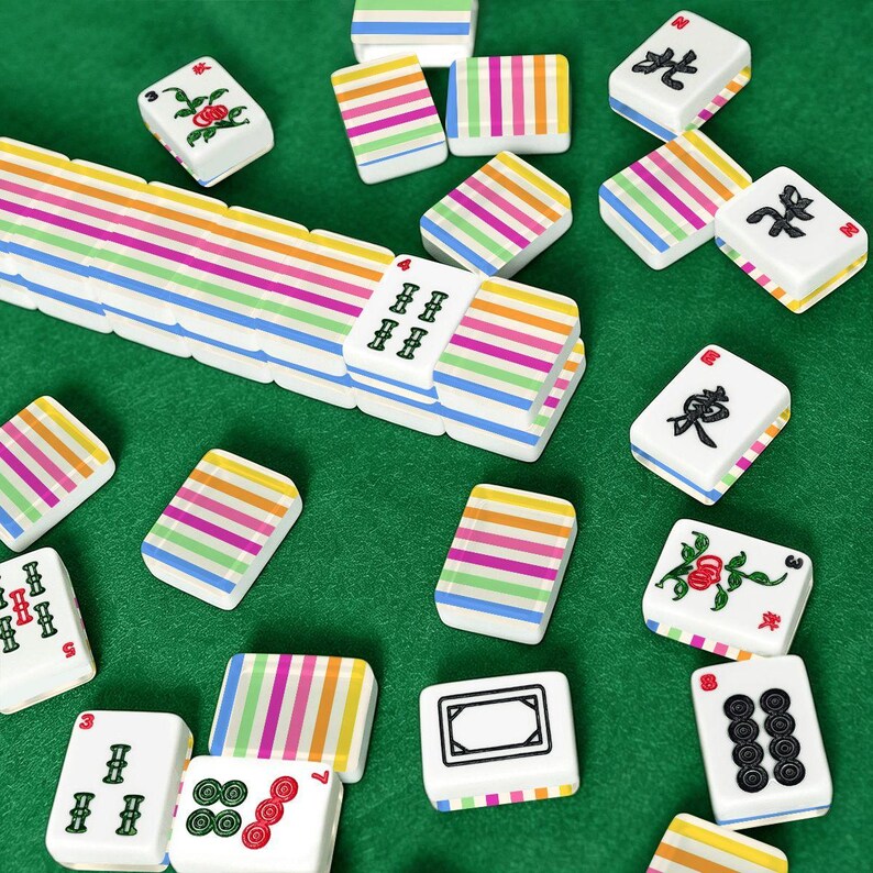 American Mahjong Tiles Set Preppy Summer Stripes Pattern Pink Yellow Blue image 3