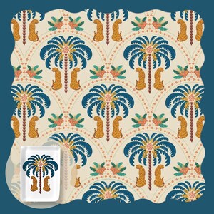 May include: A rectangular white ceramic tray featuring a repeating pattern of dark blue palm trees and spotted yellow leopards on a cream background. The design includes small clusters of green and orange foliage arranged in a symmetrical grid.