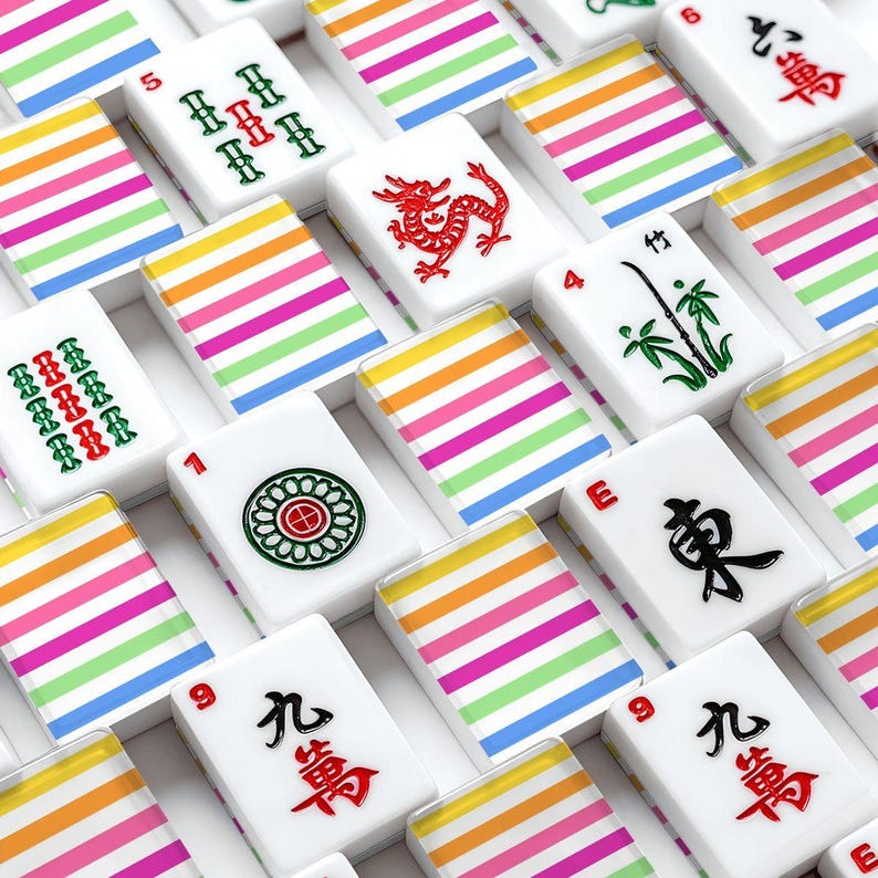 Amerikanische Mahjong Fliesen Set Preppy Summer Stripes Muster Rosa Gelb Blau Weiß Bild 2