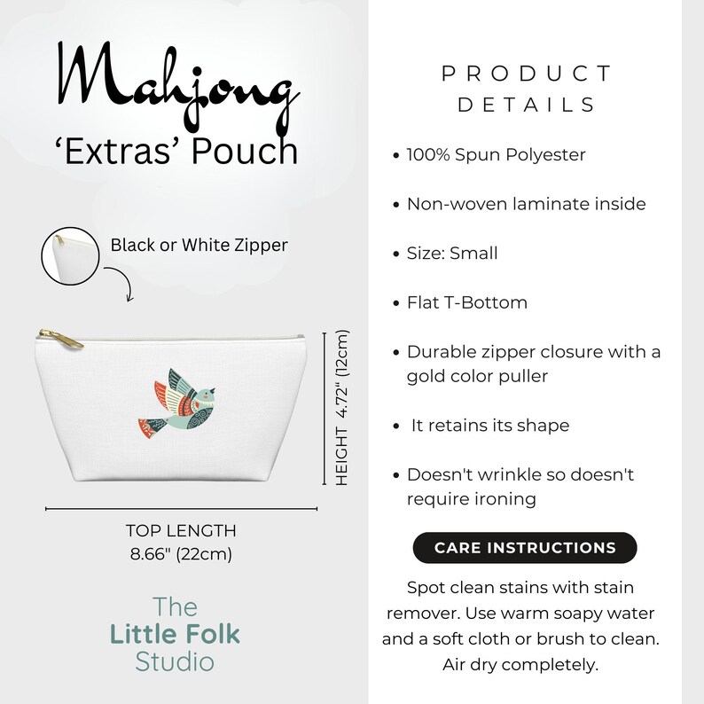 May include: White 'Mahjong Extras' pouch with a colorful bird design. The small pouch has a flat bottom, a gold zipper, and measures 4.72 inches (12cm) high and 8.66 inches (22cm) long.