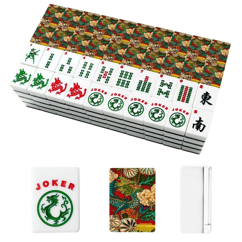Juego de fichas de mahjong americano - Dragón imperial con colorido patrón chinoiserie rojo imagen 8