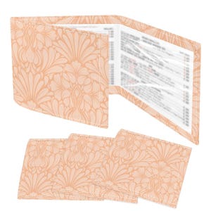 May include: Peach-coloured wallet and matching coasters. The wallet is open, revealing pages. The items feature a repeating floral pattern in a lighter peach hue. The coasters are rectangular and stacked.