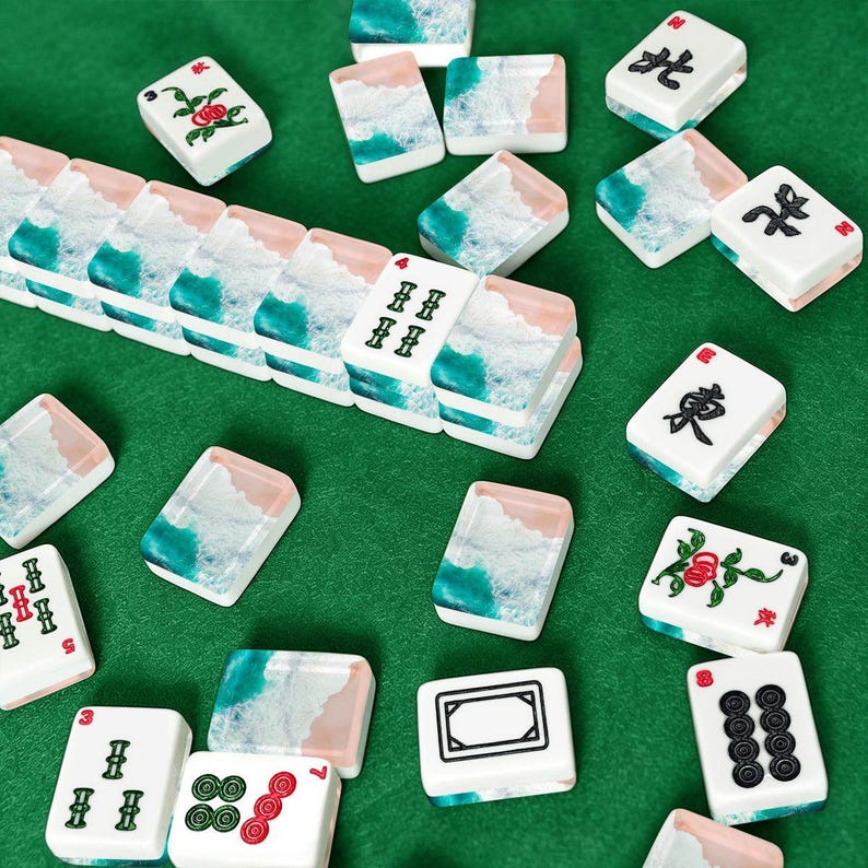 American Mahjong Tiles Set Coastal Ocean Waves on Beach Peach Teal White image 3