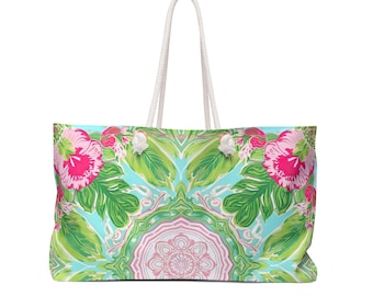 Grand sac de rangement de mahjong avec poignées en corde - Décor dopamine, imprimé rose et vert