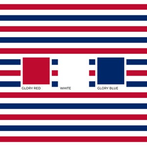 May include: A repeating pattern of horizontal stripes in red, white, and blue. Two solid squares are centered, one red labeled GLORY RED and one blue labeled GLORY BLUE, with the word WHITE positioned between them, all against the striped background.