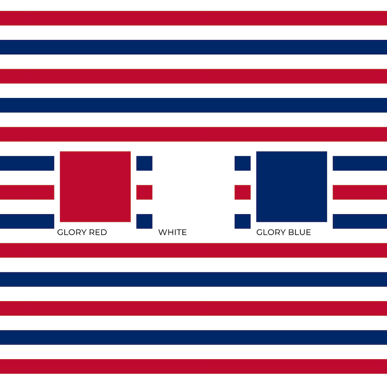 May include: A repeating pattern of horizontal stripes in red, white, and blue. Two solid squares are centered, one red labeled GLORY RED and one blue labeled GLORY BLUE, with the word WHITE positioned between them, all against the striped background.