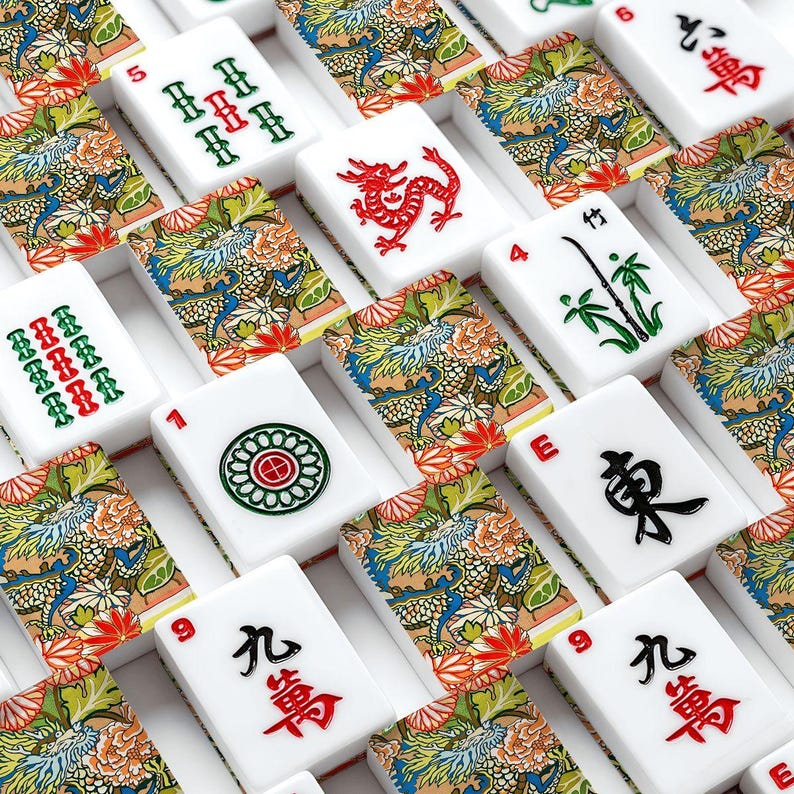 American Mahjong Tiles Set Imperial Dragon Colorful Chinoiserie Pattern Light Brown Tan image 2