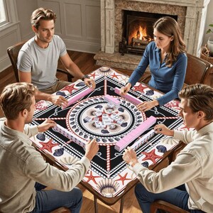 Scalloped Mahjong Table Mat Coastal Nautical Starfish and Seashells image 2