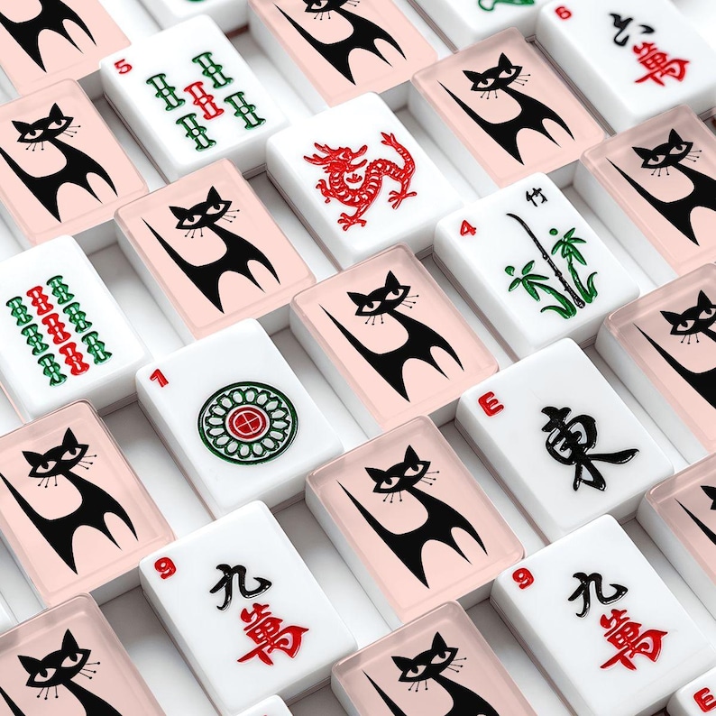 American Mahjong Tiles Set MCM Mid Century Modern Atomic Kitty Black Cat Pink image 1