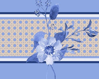 Mahjong Card Holders Cornflower Blue with Flax Basket Weave Print Dark Navy Flower Motif
