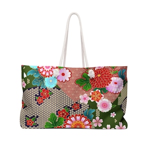 Mahjong Storage Bag Large Tote Japanese Floral Chrysanthemum Pattern Red Green White image 1