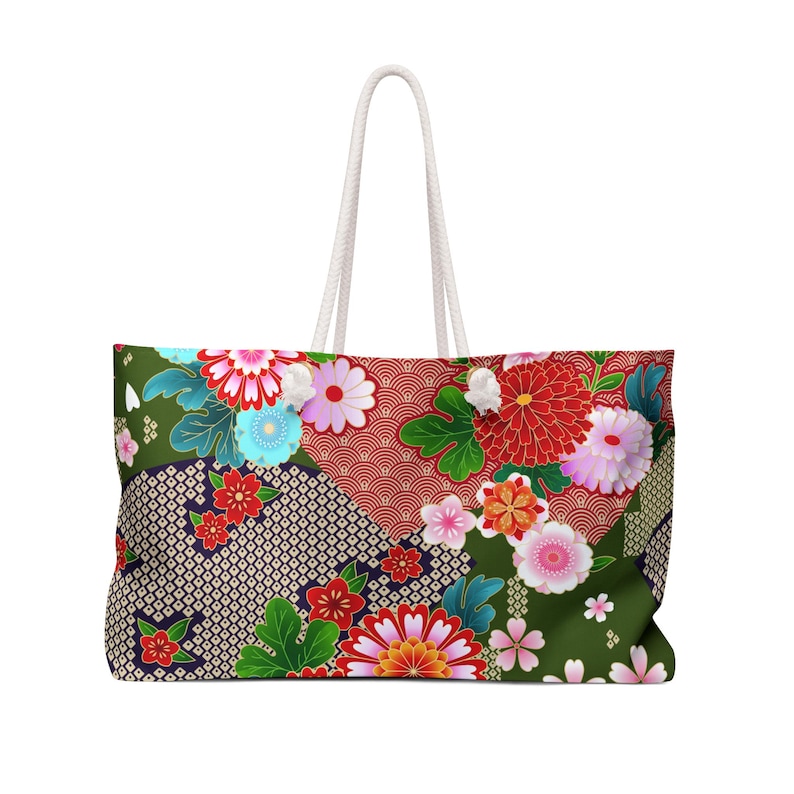 Mahjong Storage Bag Large Tote Japanese Floral Chrysanthemum Pattern Red Green White image 1