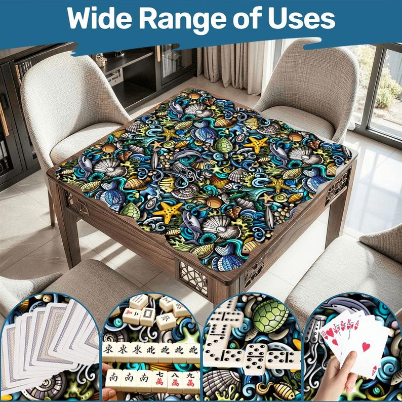 Scalloped Mahjong Mat Coastal Sea Life Underwater Theme Collage Pattern image 4