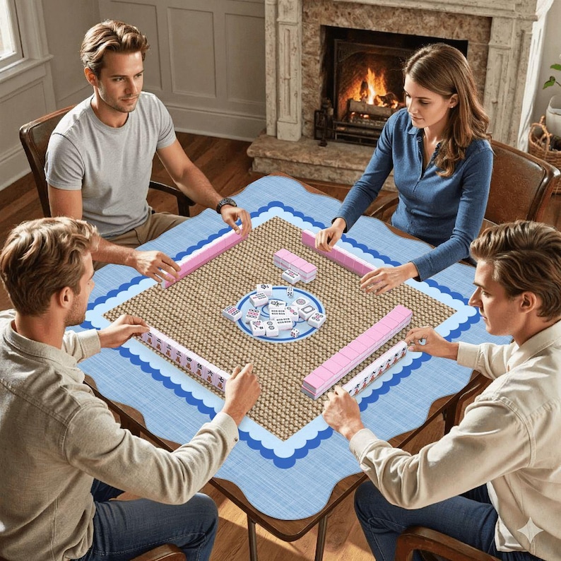 Mahjongmatta i säckväv från kusten, personligt namn, blå jute bild 2