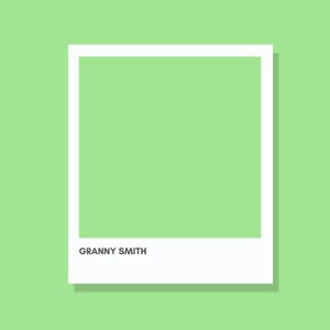 May include: A square graphic print featuring a light green center framed by a thick white border. The text GRANNY SMITH is printed in a simple black sans-serif font at the bottom of the white border, set against a solid light green background.