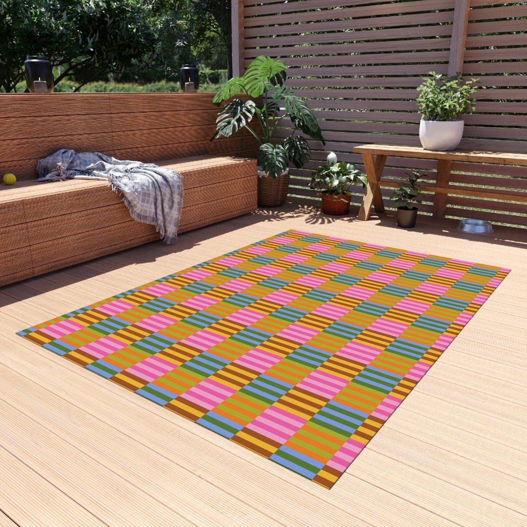 Striped Check Raspberry Outdoor Rug Dopamine Decor Colorful Striped Check Plaid Pattern - Etsy