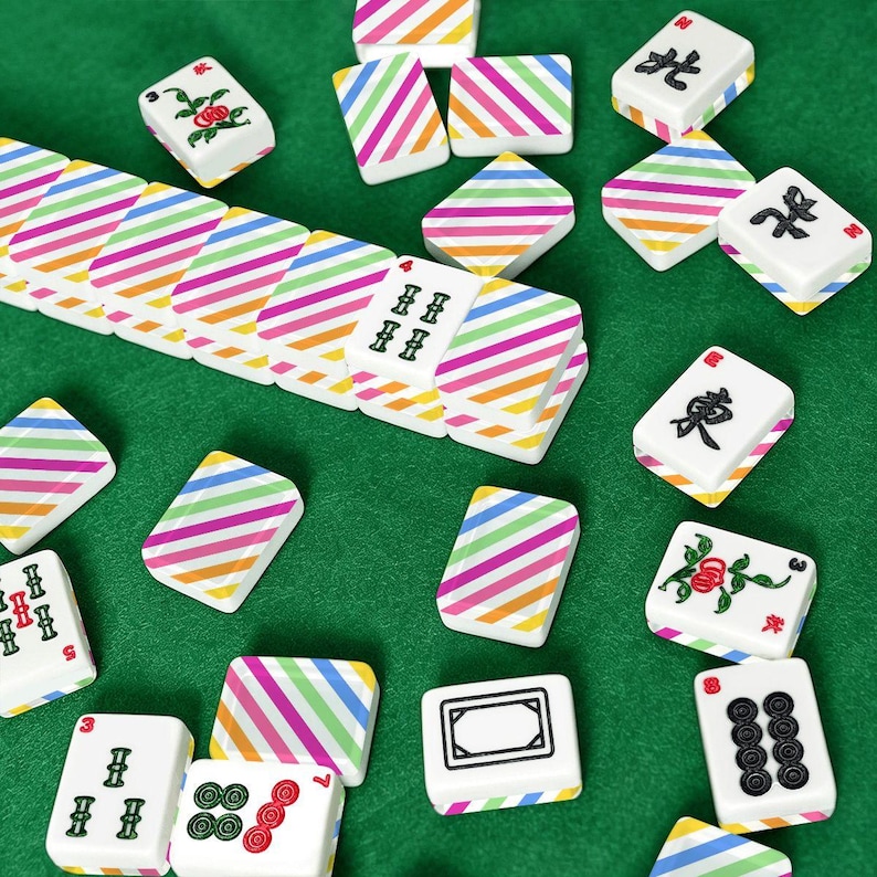 Amerikanische Mahjong Fliesen Set Preppy Summer Stripes Muster Rosa Gelb Blau Weiß Bild 3