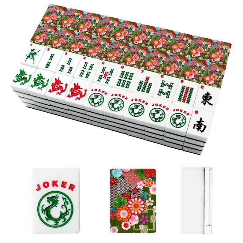 American Mahjong Tile Set Japanese Floral Chrysanthemum Pattern Red Green White image 4